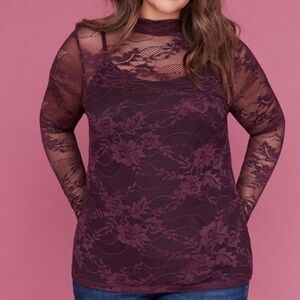 Lane Bryant Purple Lace Long Sleeve Sz 22/24 Mock  Neck Burgundy